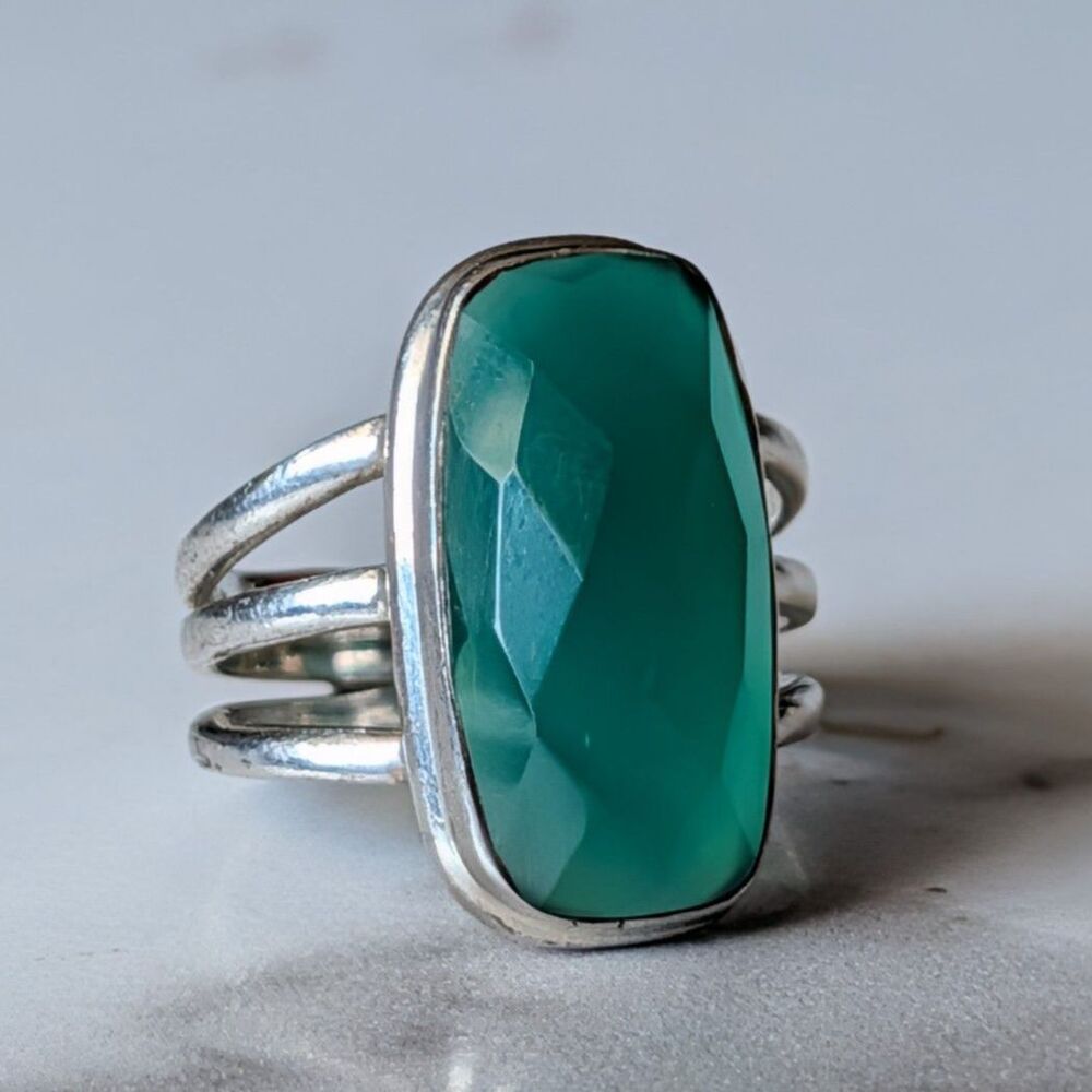 Faceted Green Onyx Chalcedony Sterling Silver Triple Band Boho Ring Size 8
